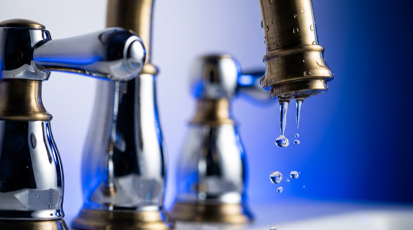 Polished plumbing fixtures with water droplets